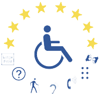 Wheelchair User sitting under a semicircle of 8 gold star with 7 disability icons below them.
